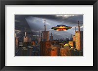 Alien Flying Saucer Flying Over a Futuristic City Fine Art Print