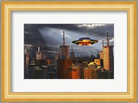 Alien Flying Saucer Flying Over a Futuristic City Fine Art Print