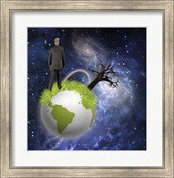 Man Stands On Globe With Old Tree and Rainbow Deep Space Fine Art Print