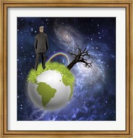 Man Stands On Globe With Old Tree and Rainbow Deep Space Fine Art Print
