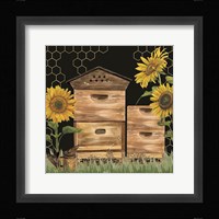 Honey Bees & Flowers Please on black VII Framed Print
