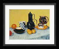 Still Life with Blue Enamel Coffeepot, Earthenware and Fruit Framed Print