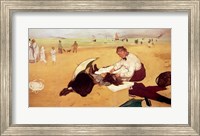 Beach scene: little girl having her hair combed by her nanny Fine Art Print