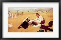 Beach scene: little girl having her hair combed by her nanny Fine Art Print