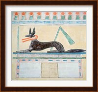 Anubis, Egyptian god of the dead, lying on top of a sarcophagus Fine Art Print