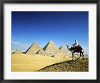 Man riding a camel near the pyramids, Giza, Egypt Fine Art Print