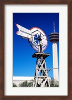 USA, Texas, San Antonio, Tower of the Americas and old windmill Fine Art Print