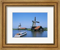 Windmills and Canal Tour Boat, Zaanse Schans, Netherlands Fine Art Print