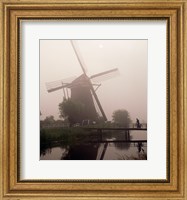 Windmill and Cyclist, Zaanse Schans, Netherlands black and white Fine Art Print