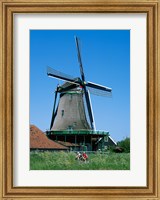 Windmill and Cyclists, Zaanse Schans, Netherlands Fine Art Print
