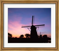 Silhouette, Windmills On Purple Sunset, Kinderdijk, Netherlands Fine Art Print