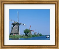 Windmills and Canal Tour Boat, Kinderdijk, Netherlands Fine Art Print