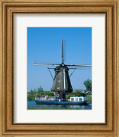 Windmill and Canal Tour Boat, Kinderdijk, Netherlands Fine Art Print
