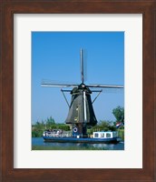 Windmill and Canal Tour Boat, Kinderdijk, Netherlands Fine Art Print