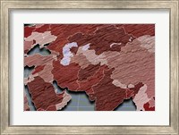 Close-up of a world map - red and blue Fine Art Print