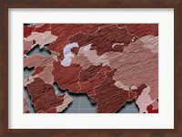 Close-up of a world map - red and blue Fine Art Print