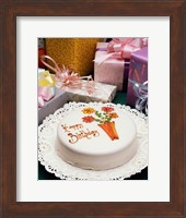 High angle view of a birthday cake with gifts Fine Art Print