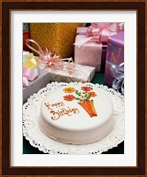 High angle view of a birthday cake with gifts Fine Art Print