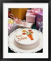 High angle view of a birthday cake with gifts Fine Art Print