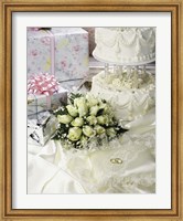 Cake with rings and gifts on a sheet Fine Art Print