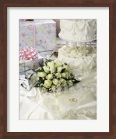 Cake with rings and gifts on a sheet Fine Art Print