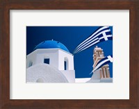 Santorini, Oia , Cyclades Islands, Greece With Flag Fine Art Print