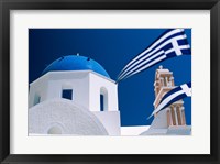 Santorini, Oia , Cyclades Islands, Greece With Flag Fine Art Print