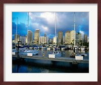 Sailboats docked in a harbor, Ala Wai Marina, Waikiki Beach, Honolulu, Oahu, Hawaii, USA Fine Art Print
