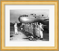 Group of army soldiers standing in a row near a fighter plane, B-29 Superfortress Fine Art Print