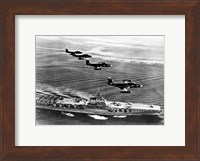 High angle view of four fighter planes flying over an aircraft carrier, US Navy Banshees, USS Coral Sea (CV-43) Fine Art Print