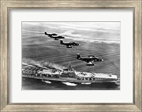 High angle view of four fighter planes flying over an aircraft carrier, US Navy Banshees, USS Coral Sea (CV-43) Fine Art Print