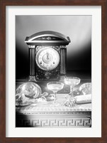 Clock showing 12 o'clock with champagne flutes and party hats in the foreground Fine Art Print