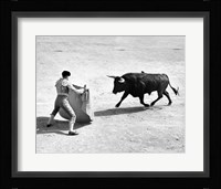 High angle view of a bullfighter with a bull in a bullring, Madrid, Spain Fine Art Print