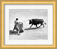 High angle view of a bullfighter with a bull in a bullring, Madrid, Spain Fine Art Print