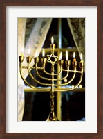 Close-up Of Lit Candles On A Menorah And Window Fine Art Print