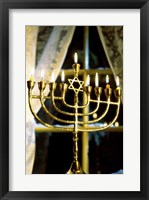 Close-up Of Lit Candles On A Menorah And Window Fine Art Print