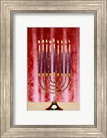 Close-up Of Lit Candles On A Menorah On Red Fine Art Print