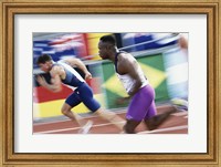 Side profile of two young men running on a running track Fine Art Print
