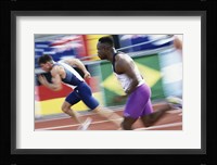 Side profile of two young men running on a running track Fine Art Print