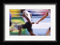 Side profile of three men passing a relay baton Fine Art Print