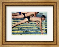 Side profile of three swimmers jumping into a swimming pool Fine Art Print
