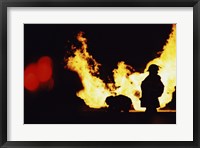 Firefighters In front Of Flames Extinguishing A Fire Fine Art Print