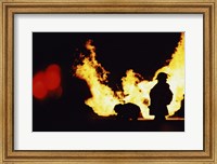 Firefighters In front Of Flames Extinguishing A Fire Fine Art Print
