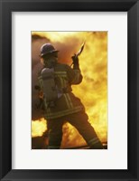 Rear view of a firefighter holding an axe Fine Art Print