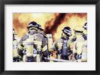 Rear view of a group of firefighters holding water hoses Fine Art Print