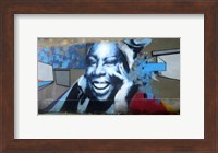 Graffiti of blue smiling women with abstract background somewhere in Gdynia Fine Art Print