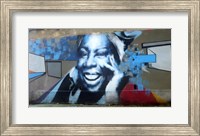 Graffiti of blue smiling women with abstract background somewhere in Gdynia Fine Art Print