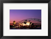 Opera house lit up at night, Sydney Opera House, Sydney Harbor Bridge, Sydney, Australia Fine Art Print