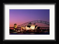 Opera house lit up at night, Sydney Opera House, Sydney Harbor Bridge, Sydney, Australia Fine Art Print