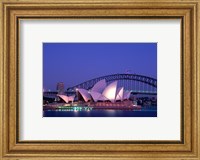 Opera house lit up at dusk, Sydney Opera House, Sydney Harbor Bridge, Sydney, Australia Fine Art Print